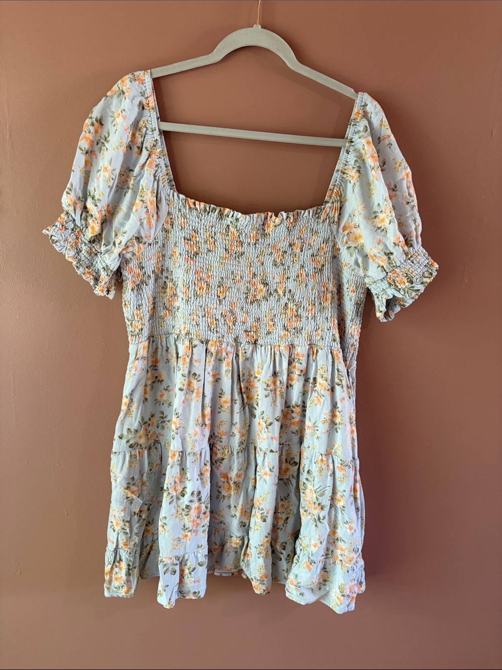 American Eagle Outfitters Light Blue Floral Smocked Peasant Dress